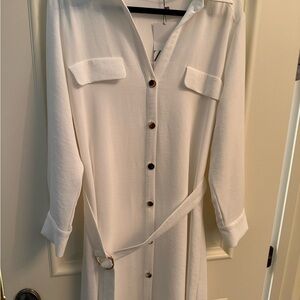 Zara White Long Sleeve Button-Down Dress